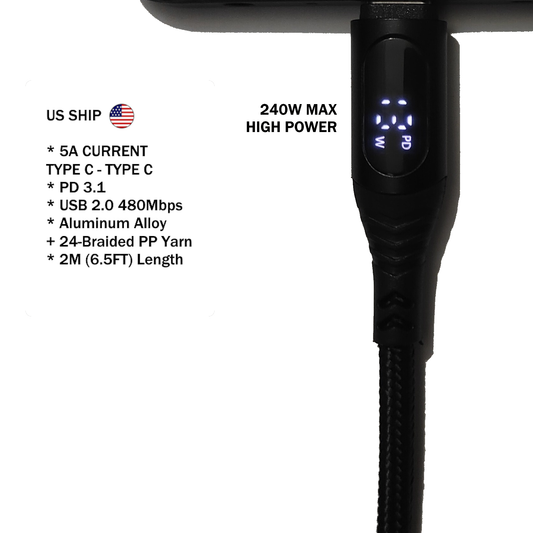 240W IPHONE 15 USB Type C To USB C 6.5FT Cable PD 3.1 Fast Charging LCD Display E-Marker - TRUNK LOGISTICS CO.