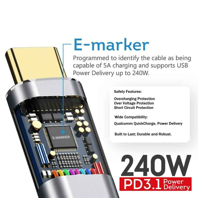 240W USB Type C To USB C 6.5FT Cable PD 3.1 Fast Charging LCD Display E-Marker