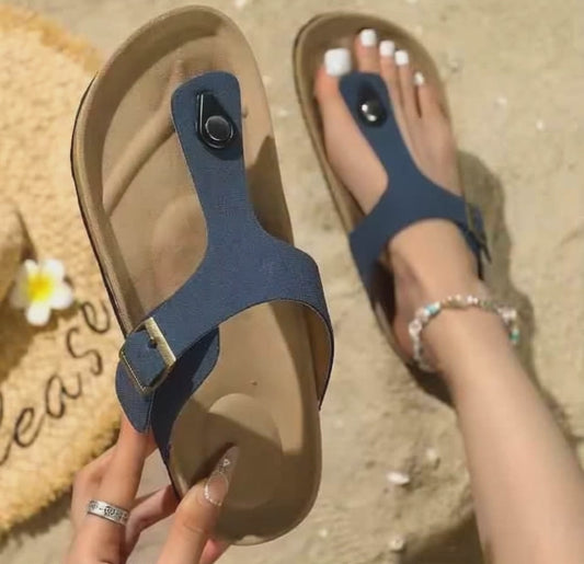 Royal Blue Summer Cork Thong Sandals Genuine Leather Open Toe US W8-8.5 EU39