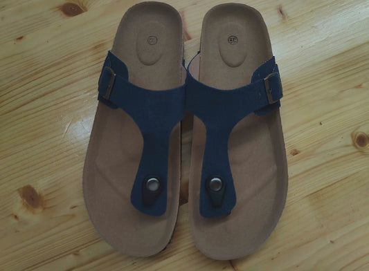 Royal Blue/Beige/Black Summer Cork Sandals Genuine Leather Thong Style US W8-8.5 EU39