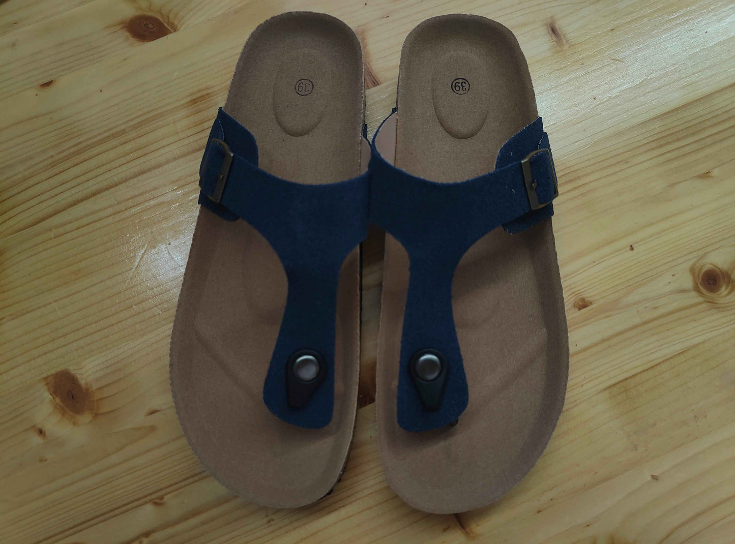 Royal Blue/Beige/Black Summer Cork Sandals Genuine Leather Thong Style US W8-8.5 EU39