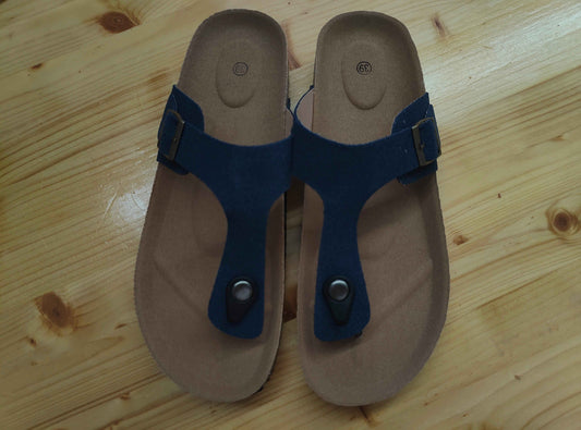 Royal Blue/Beige/Black Summer Cork Sandals Genuine Leather Thong Style US W8-8.5 EU39