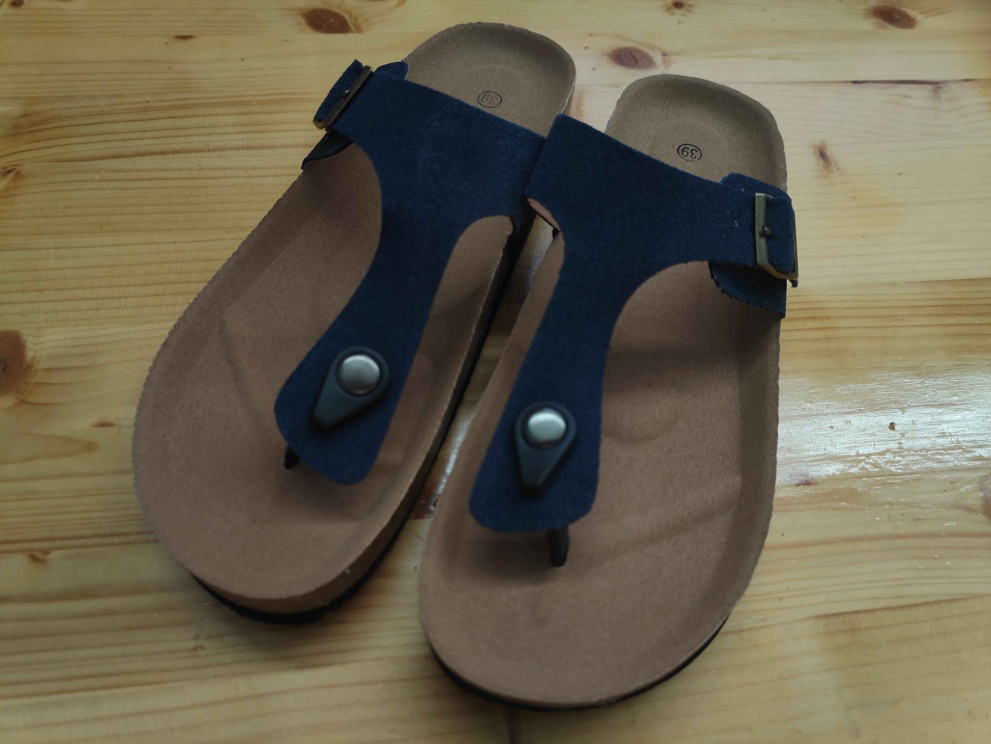 Royal Blue/Beige/Black Summer Cork Sandals Genuine Leather Thong Style US W8-8.5 EU39