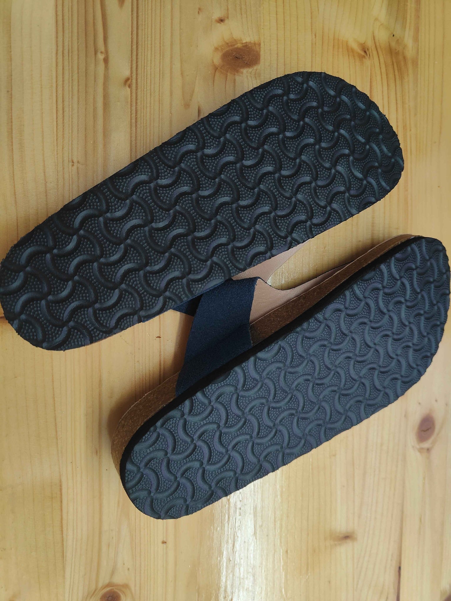 Royal Blue/Beige/Black Summer Cork Sandals Genuine Leather Thong Style US W8-8.5 EU39